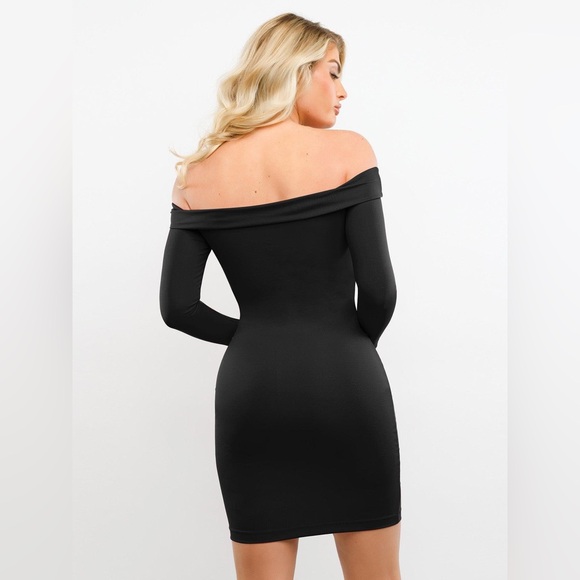 Popilush The Shapewear Dress Off Shoulder Long Sleeve Midi- Black - Picture 4 of 5